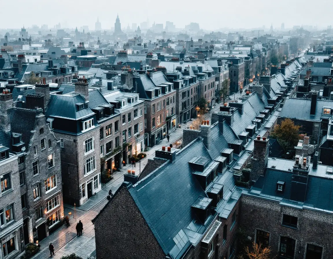 Toitures d'un quartier dense de Bruxelles : maisons mitoyennes en brique, versants en ardoise et souches de cheminée groupées, sous une lumière du nord couverte