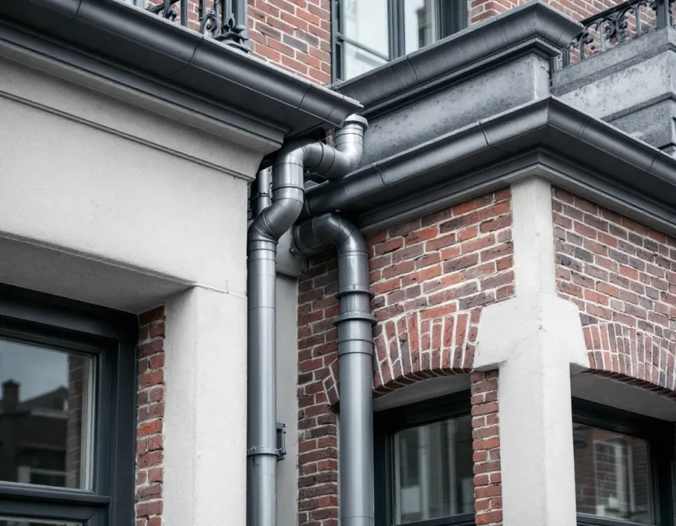 Corniche en zinc et descente d'eau pluviale soudée sur la façade en brique d'une maison bruxelloise