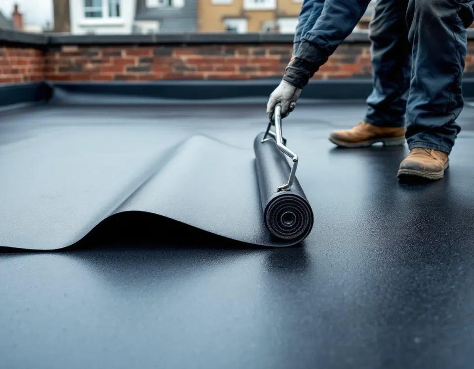 Pose d'une membrane d'étanchéité EPDM déroulée sur une toiture plate, contre un relevé en maçonnerie
