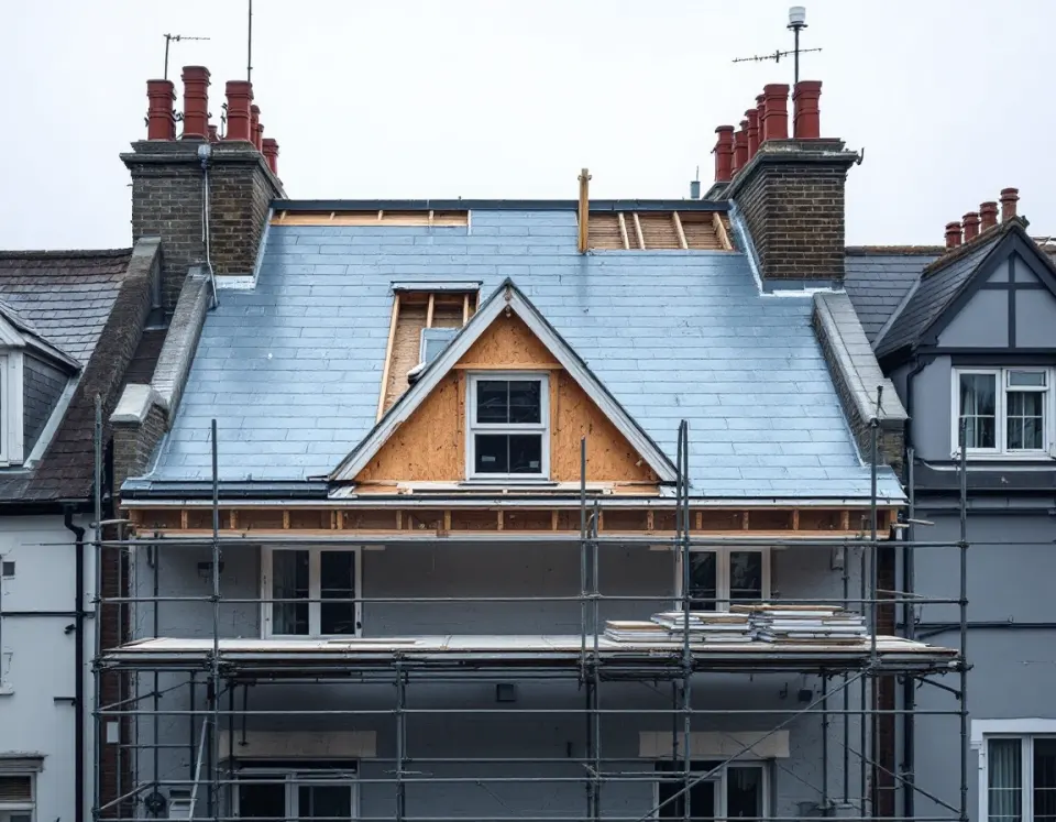 Toiture en cours de rénovation : échafaudage, liteaux et chevrons dégagés, panneaux d'isolation en attente de pose