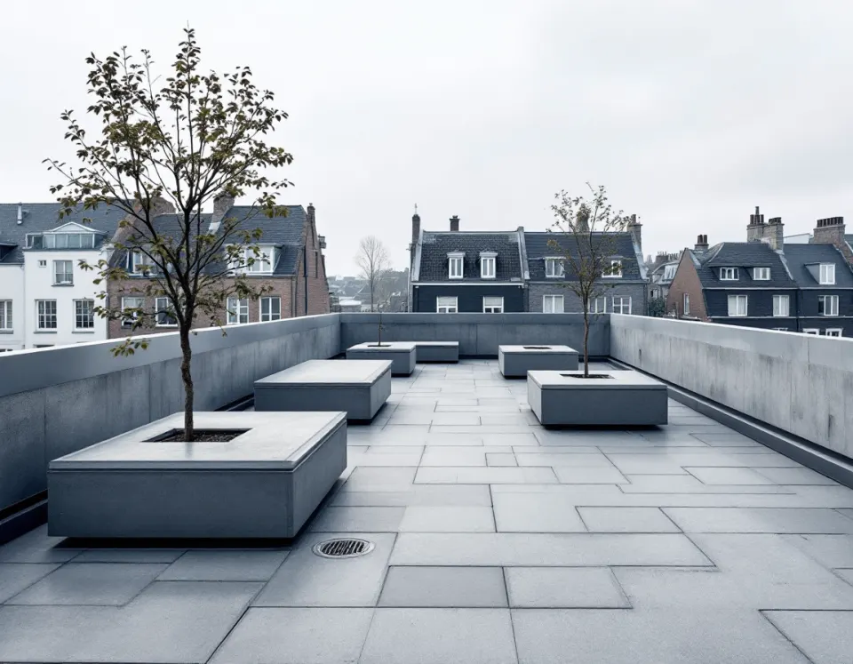 Toiture plate aménagée en terrasse : dalles sur plots, acrotère couvert en zinc et avaloir de descente